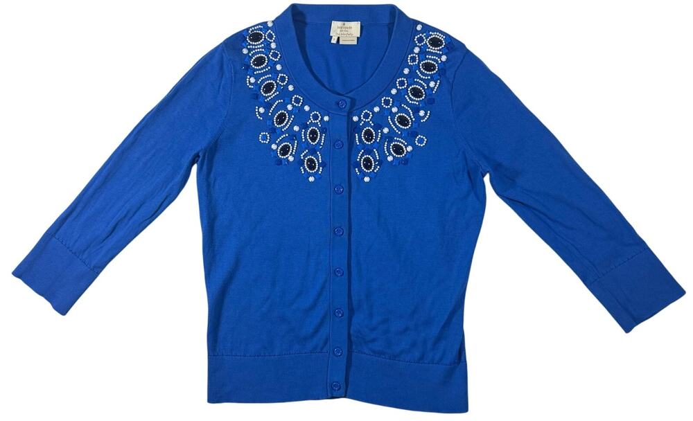 Kate Spade Royal Blue Cardigan Sweater Blouse Women's Small Arcadia Beaded